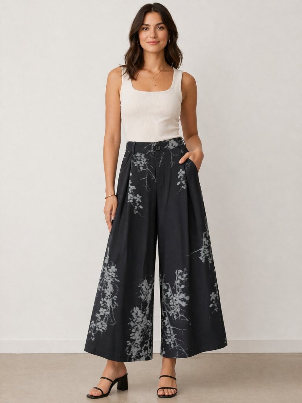 Wide Leg Culottes Pants Black Floral Print Japanese Style High Waist Size XS